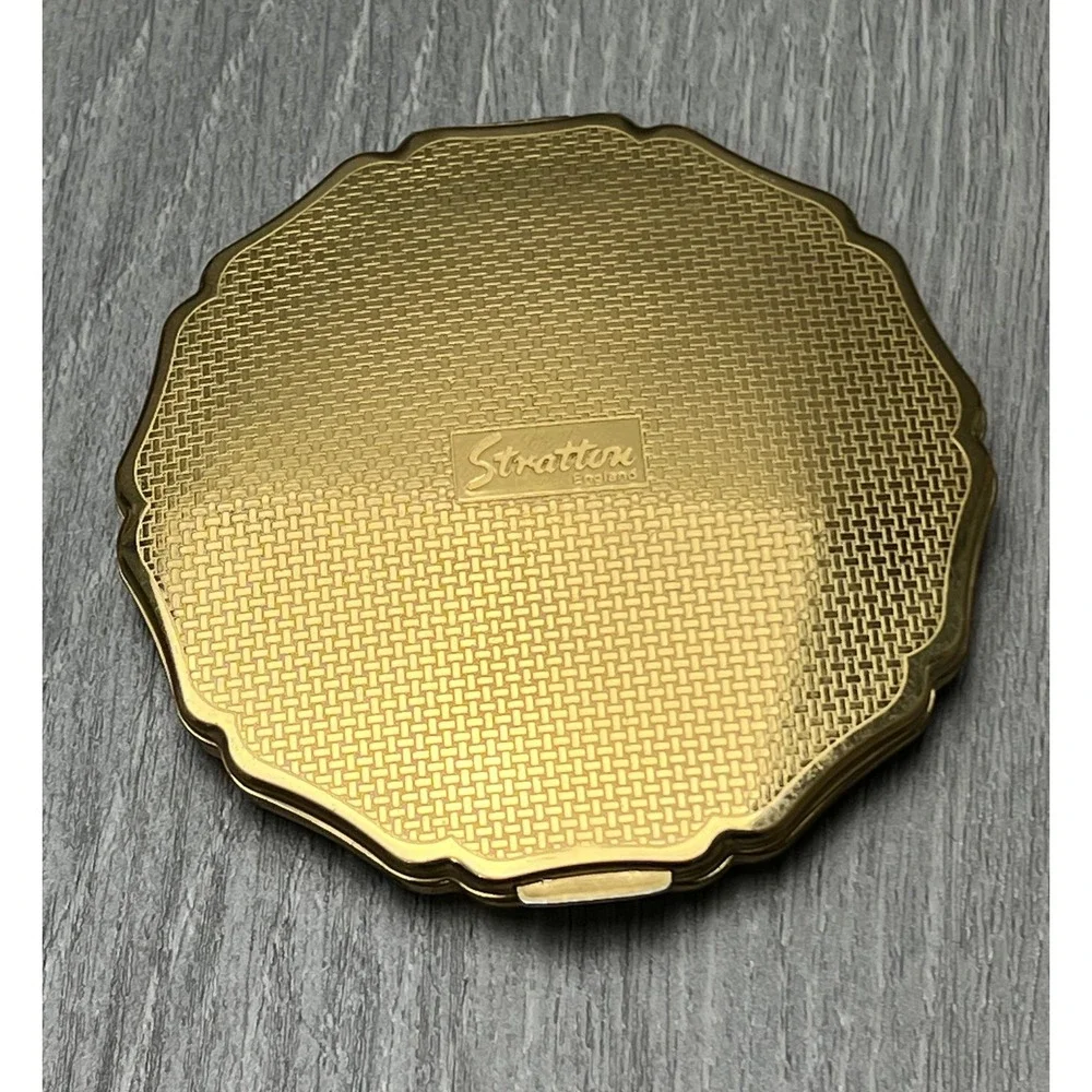 Vintage Stratton Compact Gold Black Stripe Enamel Powder Mirror England w/Bag‎